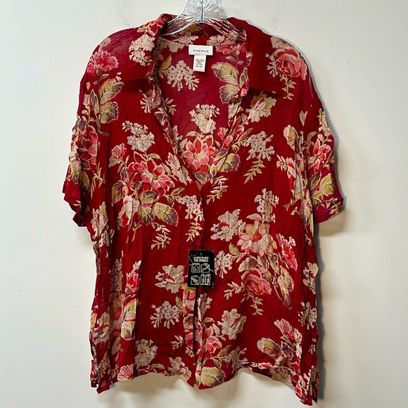 Avenue Sheer Floral Blouse button up Red size 22-24 women shirt sleeve NWT - Picture 1 of 11